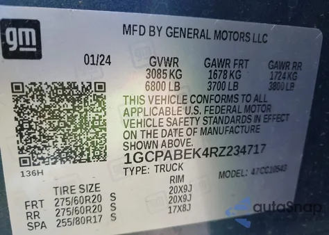 2024 Chevrolet Silverado 1500 2Wd Short Bed Custom из США, поврежденный, VIN 1GCPABEK4RZ234717